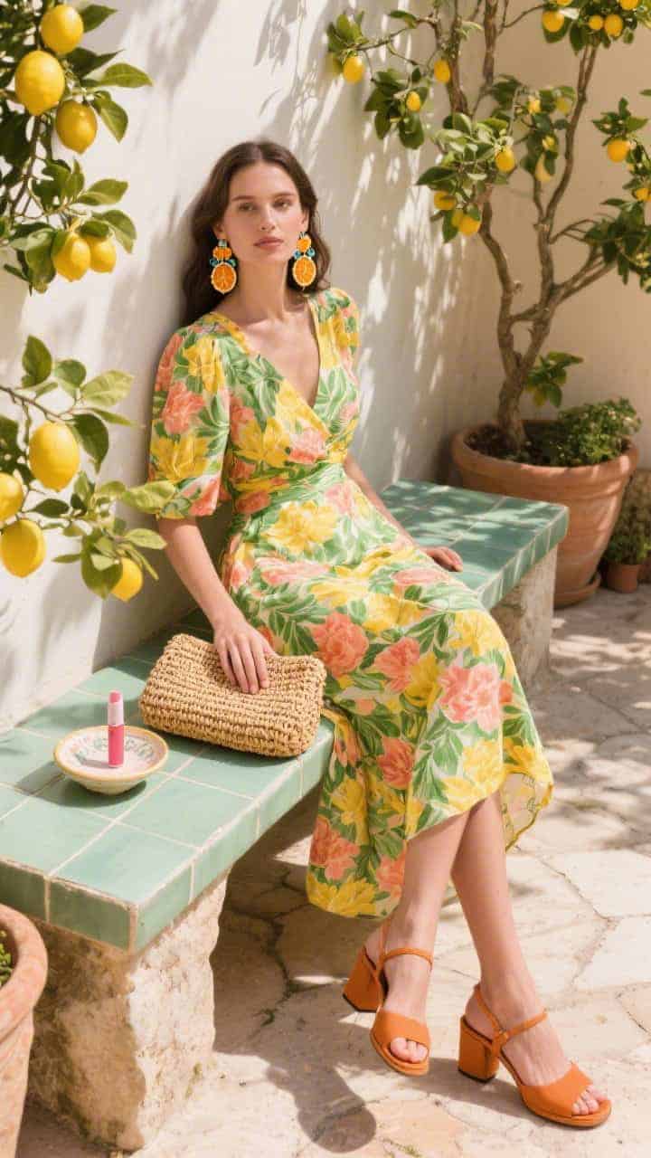 Medium shot in a Sicilian citrus garden courtyard: a floral midi dress in sunny yellow, coral, and ivy green draped over a tiled bench. Terracotta block heels on sun-warmed stone, a woven raffia clutch leaning against lemon-laden branches. Statement resin earrings in citrus tones displayed on a small ceramic dish. Soft coral lip stain tube nearby. Bright, celebratory sunlight with dappled leaf shadows. Photorealistic, overhead-leaning angle.
