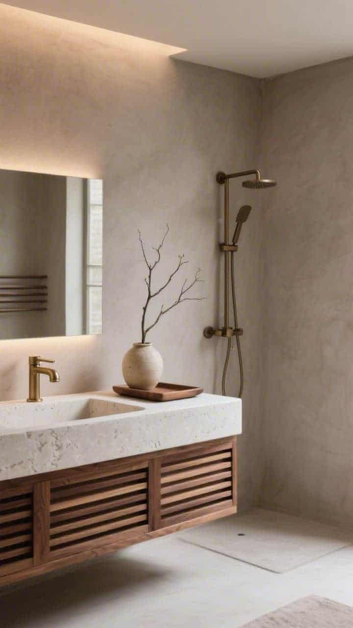 Medium shot: Japandi retreat featuring seamless taupe tadelakt plaster walls and shower; a slimline walnut slatted vanity inspired by Japanese joinery; off-white rectangular stone trough sink; matte champagne bronze fixtures; a single branch in a ceramic vase and a low wood bath tray as the only accessories; palette of taupe, walnut, cream, muted bronze; soft, diffused ambient lighting, photorealistic.