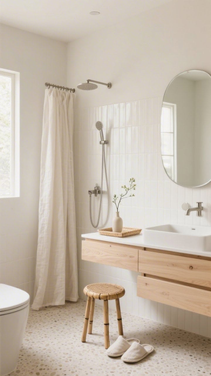 Medium shot: Japandi serenity bathroom with ivory ribbed shower wall tiles catching gentle light; soft beige micro terrazzo floor; light ash wood floating vanity, rounded rectangular mirror, brushed nickel fixtures; slim stool with a bamboo tray and a single sprig in a bud vase; cotton slippers and a linen shower curtain; neutral palette of ivory, ash, gentle beige; diffused natural light; photorealistic.