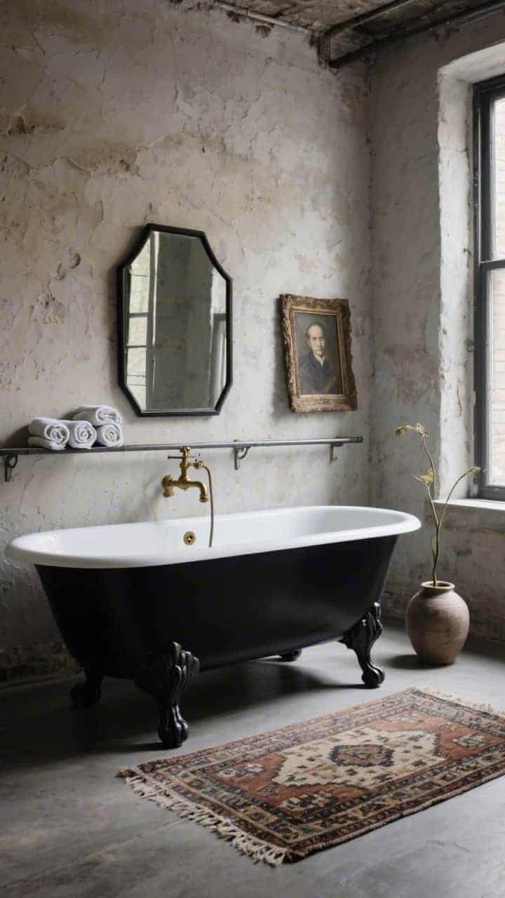 Medium shot, moody: An artist’s loft-style bathroom with limestone-hued textured plaster walls and a matte black clawfoot tub as the focal point. A slim industrial shelf holds rolled towels; a leaning antique portrait adds patina. Include a black-framed pivot mirror, patinated brass taps, and a low vintage-kilim-inspired rug. Add a single stem in a ceramic vase on the windowsill. Soft, directional natural light, putty and charcoal tones.