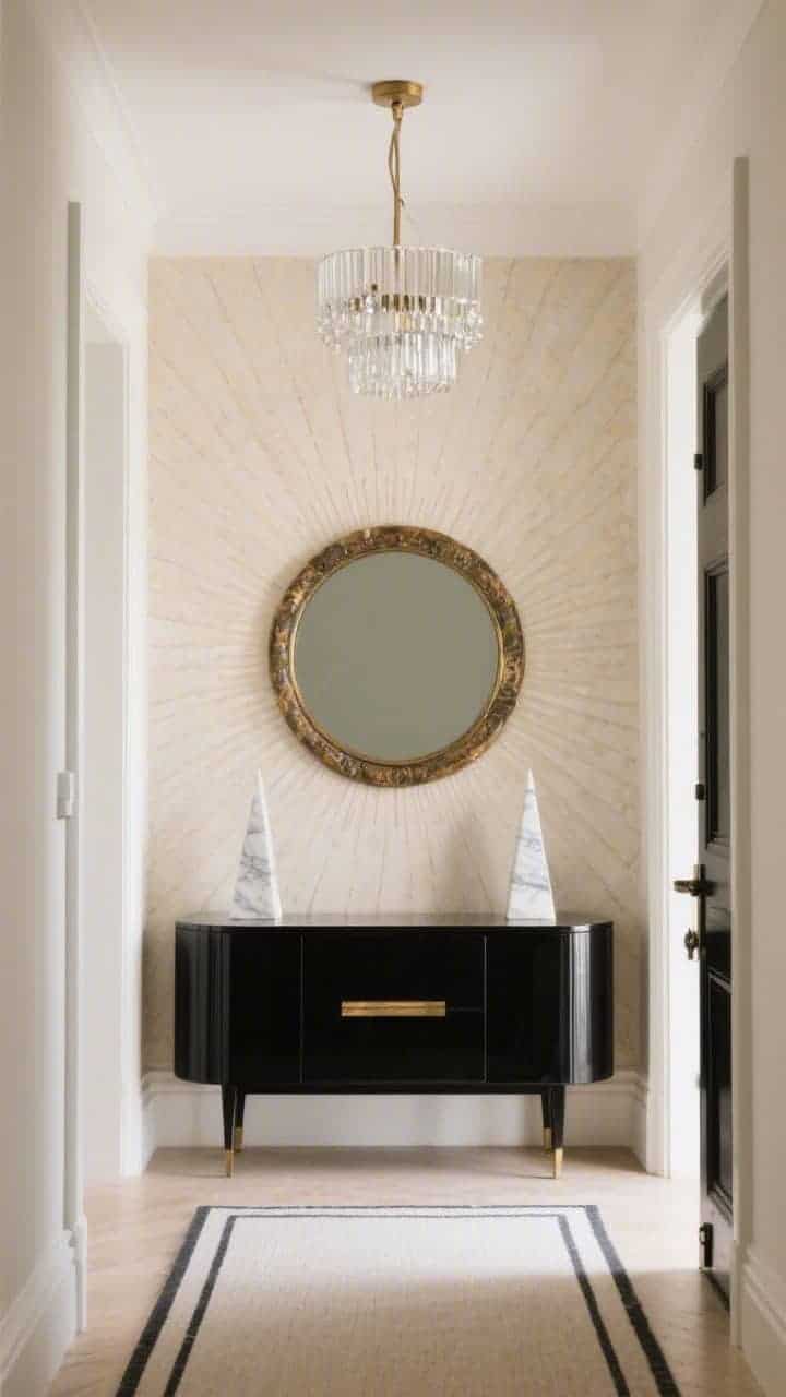 Medium shot of a foyer, straight-on: champagne plaster wall with a subtle sunburst pattern radiating from behind a sleek black lacquer console with a hidden drawer; oversized round convex mirror framed in aged brass; two marble obelisks on the console; narrow stripe runner on the floor; overhead glass rod flush mount sparkling like jewelry; palette champagne, black, aged brass, marble white; crisp, elegant entry lighting.