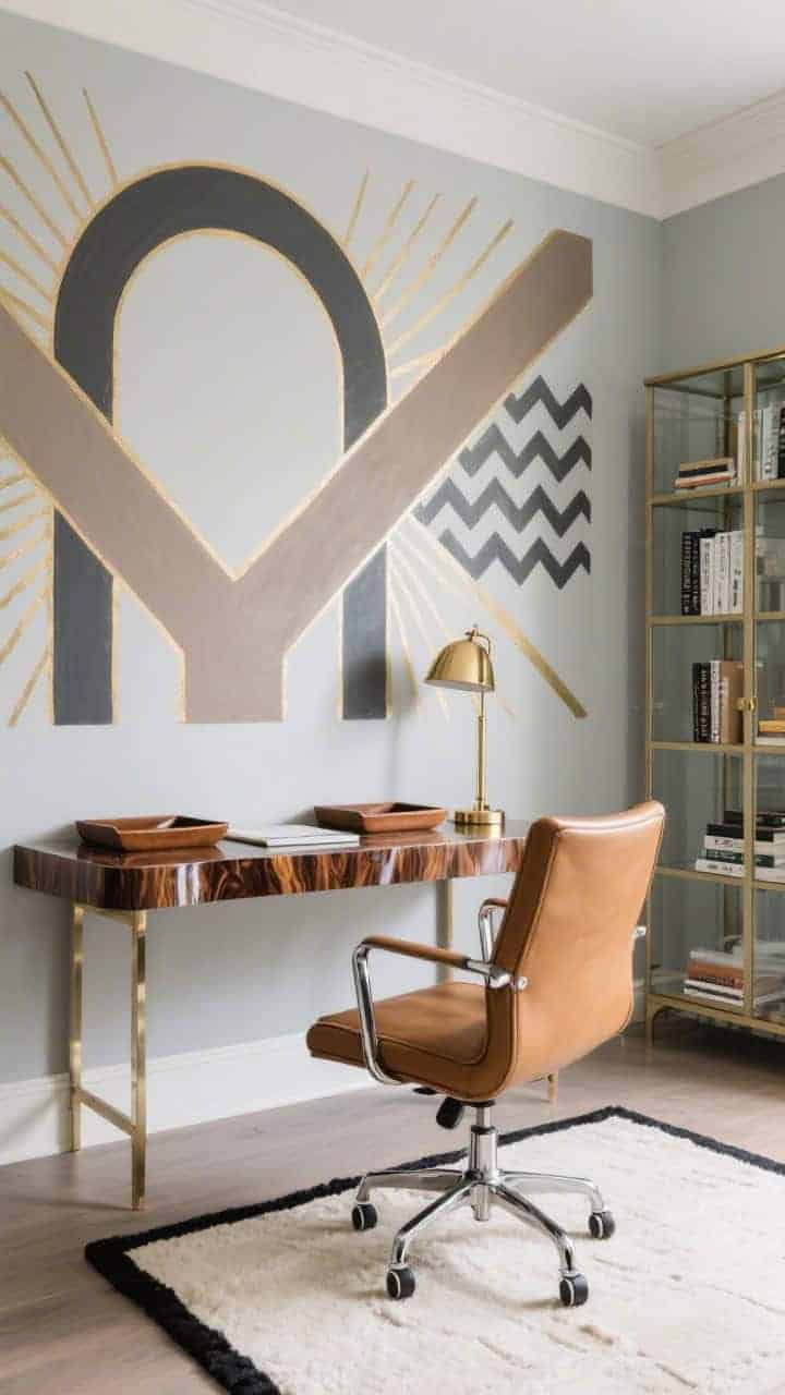 Medium shot of a home office wall: deco geometric mural with intersecting arches, rays, and zigzags painted in taupe, charcoal, and matte gold on one feature wall; surrounding walls in soft dove gray; glossy burl wood waterfall desk centered; camel leather swivel chair; chrome-and-glass bookcase to the side; brass banker’s lamp on the desk; cream rug with black border; polished chrome hardware accents; organized leather trays.