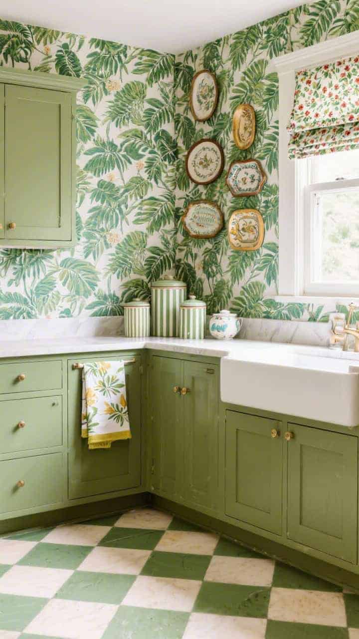 Medium shot of a Maximalist Pattern Party: a wall covered in tropical leafy wallpaper, painted checkerboard floors in sage and cream, matte olive cabinets, patterned Roman shades with tiny floral print, striped canisters on the counter, printed tea towels, and a gallery wall of vintage trays; cohesive green palette, soft natural light from a window.