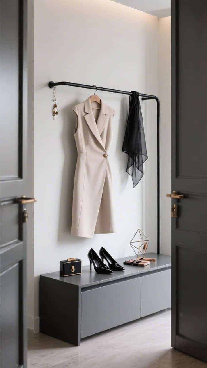 Medium shot of a modern Milan apartment entryway: an oyster-toned tailored midi dress with an asymmetric neckline displayed on a sleek black metal rack. On a console: black patent kitten heels, a mini box bag, geometric earrings, and a sheer black wrap folded crisply. Fresh makeup set with soft brown liner placed neatly. Clean architectural lines, cool city light, polished ambiance. Photorealistic, straight-on.