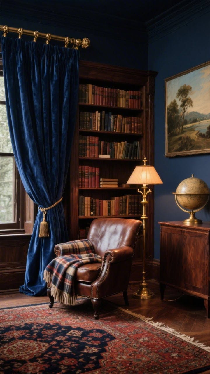 Medium shot of a moody vintage library corner: ink-blue velvet curtains lined and pooling dramatically on the floor, hung on an aged brass rod with decorative finials; walnut bookcases filled with stacked vintage books, a leather club chair draped with a plaid wool throw, brass pharmacy lamp casting a warm pool of light; Persian-style rug in rust and midnight underfoot; oil landscapes and a classic globe as accents; palette of navy, oxblood, walnut, brass; cocooned, theatrical atmosphere, photorealistic.