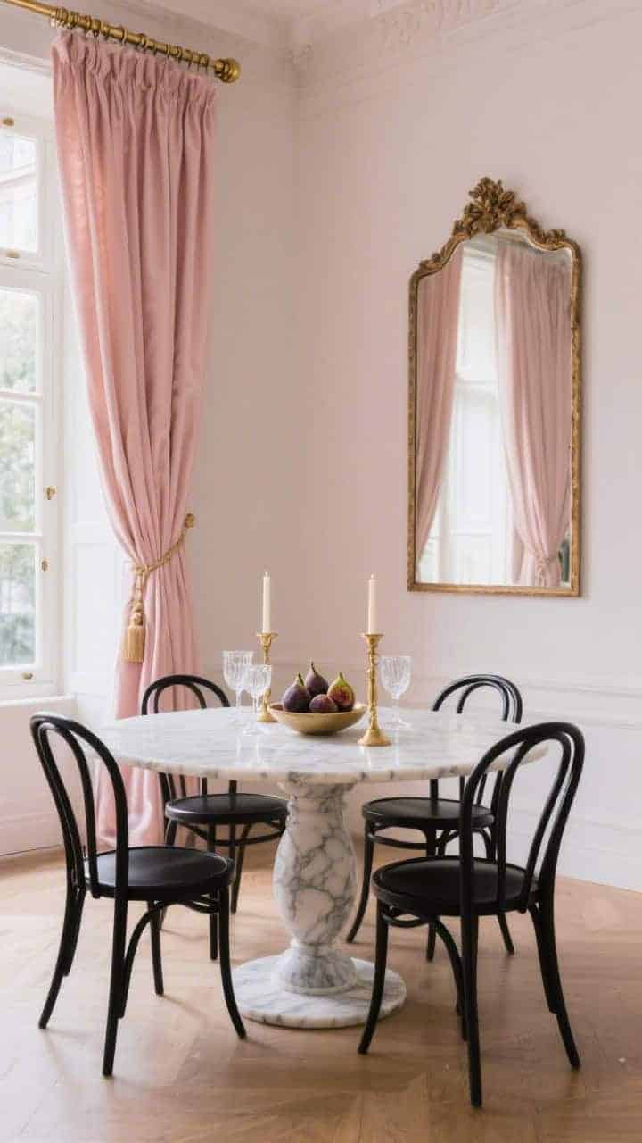 Medium shot of a Parisian glam dining room wall with window and mirror: pinch-pleated silk-blend drapes in muted blush, perfectly tailored and grazing the floor on a slender antiqued brass rod with rings; opposite wall features a large antique-style mirror reflecting the glowing blush drapes and daylight; round marble pedestal table centered with modern black wishbone chairs; tabletop hints of crystal coupe glasses, brass candlesticks, and a bowl of figs; palette blush, marble white, brass, black; elegant, romantic light, photorealistic.