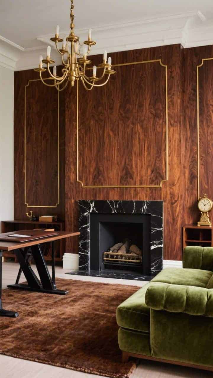 Medium shot of a study wall and seating area: rosewood veneer feature wall with inset brass channels forming elongated rectangles; black marble fireplace surround; dark green mohair sofa facing camera; mocha wool rug underfoot; banker-style chandelier in antiqued brass overhead; desk with blackened metal legs and leather blotter set to the side; vintage brass clock on the mantle; warm, cocooning sophistication.