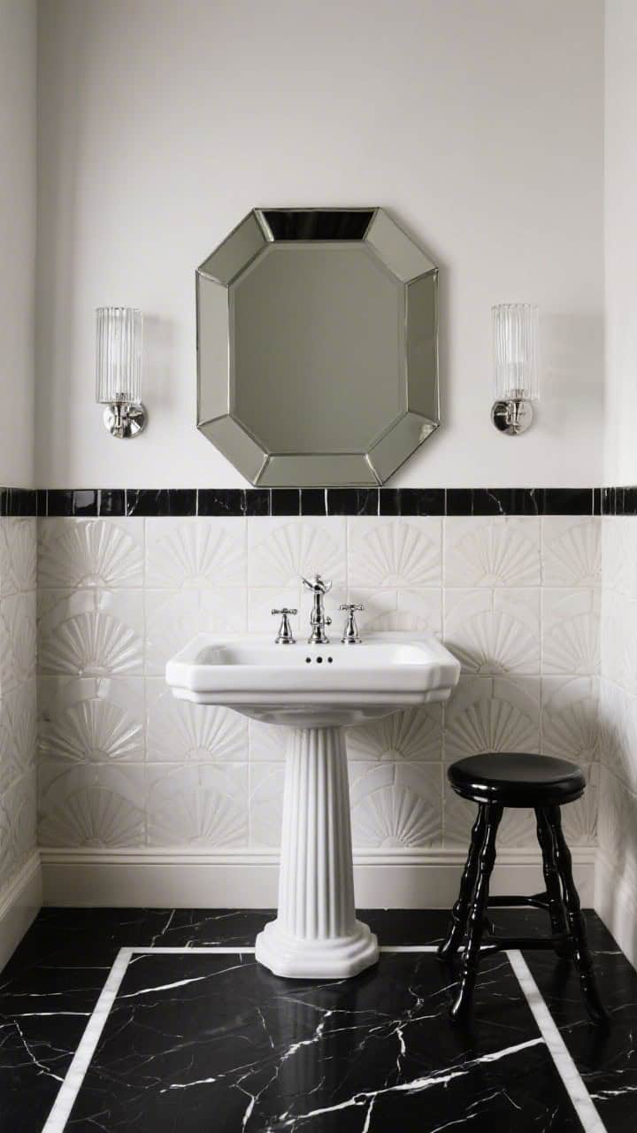 Medium shot of an Art Deco feature wall: fan-patterned tiles behind a fluted pedestal sink; polished nickel fixtures gleam; black marble floor with thin white inlays; a beveled octagonal mirror centered above; ribbed glass sconces on either side; a lacquered black stool adds graphic contrast; photorealistic with crisp, cinematic lighting.