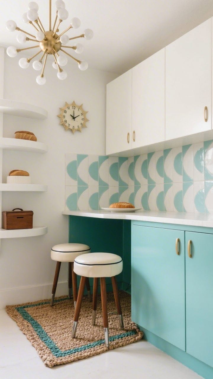 Medium shot of an atomic starburst studio nook: retro teal lower cabinets with crisp white uppers; subtle off-white and teal soft geometric/boomerang-patterned backsplash (or laminate-like surface); starburst clock on the wall; sputnik chandelier above a small breakfast area; seating with cream vinyl-look stools with piping and tapered walnut legs throughout; rounded-edge shelves and a walnut bread box; woven rug with hints of teal and tan; clean, balanced lighting, photorealistic