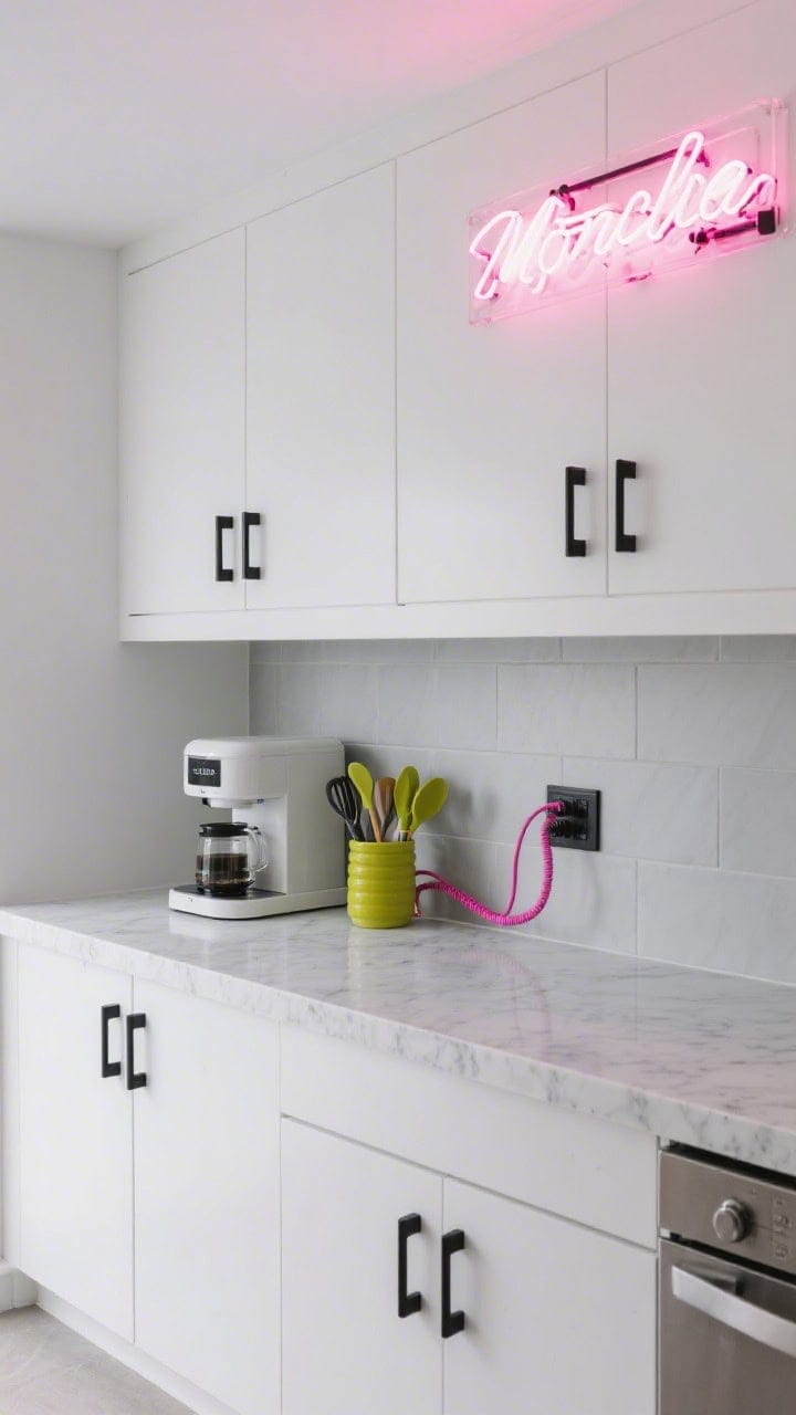 Medium shot of Monochrome With Electric Accents: matte white cabinets, white quartz counters, soft gray backsplash, matte black pulls, pops of neon including hot-pink appliance cords, a chartreuse utensil crock on the counter, and a neon sign glowing above a minimalist coffee station; cool, clean lighting with neon glow accent.