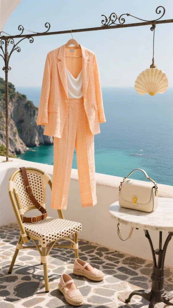 Medium shot on a cliffside terrace overlooking turquoise water: a lightweight lemon-to-pale-tangerine linen suit neatly hanging on a wrought-iron rack, with a white silk camisole beneath. Below, nude espadrille wedges on patterned stone, a woven leather belt coiled on a bistro chair. A cream crossbody mini bag rests on the table beside a shell-inspired pendant. Sunlit neutrals, crisp coastal light, cobblestone texture visible. Photorealistic, slight corner angle.