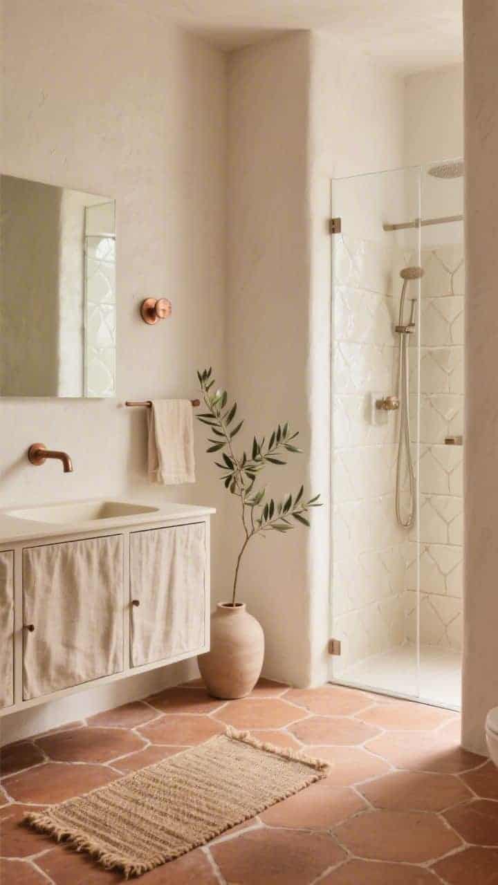 Medium shot: Organic minimal bathroom with muted terracotta floor in large hex tiles; soft ivory plaster walls; a vanity with linen-front cabinet doors and a creamy integrated sink; wall-mounted brushed copper faucet; a jute runner adds texture; clear glass shower reveals stacked ivory zellige-style tiles; a single olive branch in a simple vase; warm, natural light accentuates clay and linen textures, photorealistic.