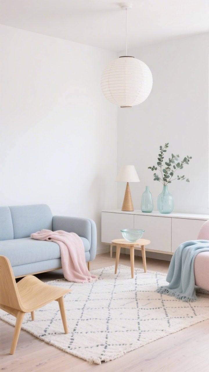 Medium shot, Pale Pastel Scandi Summer: tight-back sofa in cloud gray-blue paired with blonde wood lounge chairs with angled legs. Palette of white, blush, mist, and natural wood. Pale patterned flatweave rug with tiny geometric motif. Slim-profile credenza styled with pastel glass vases and a single sprig of eucalyptus; cone-shaped table lamp and a frosted glass bowl. Simple paper lantern ceiling light diffusing even, soft light. Lightweight cotton throws in blush and ice blue draped neatly, photorealistic, straight-on minimal composition.