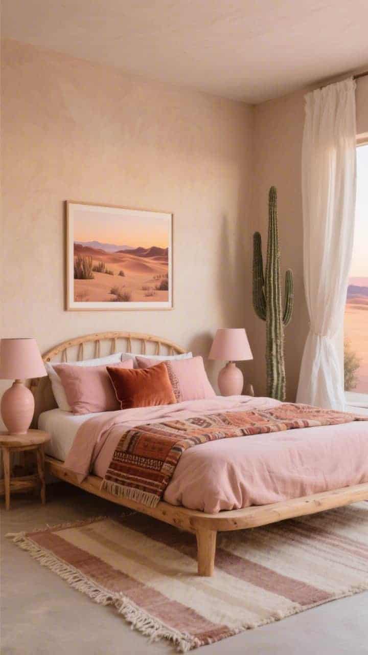 Medium shot, photorealistic “Desert Calm With Earthy Pinks”: pale clay walls, natural pine bed with rounded corners, layered rose-beige linen sheets, terra-toned quilt, rusty velvet lumbar pillow; kilim accent pillows, matte blush ceramic lamps, wool flatweave rug in faded desert stripes; soft desert landscape print above the bed; a tall cactus in the corner; ivory linen drapes slightly puddled; warm, sunset-tinted light; palette clay, rose beige, terra, rust, bone.