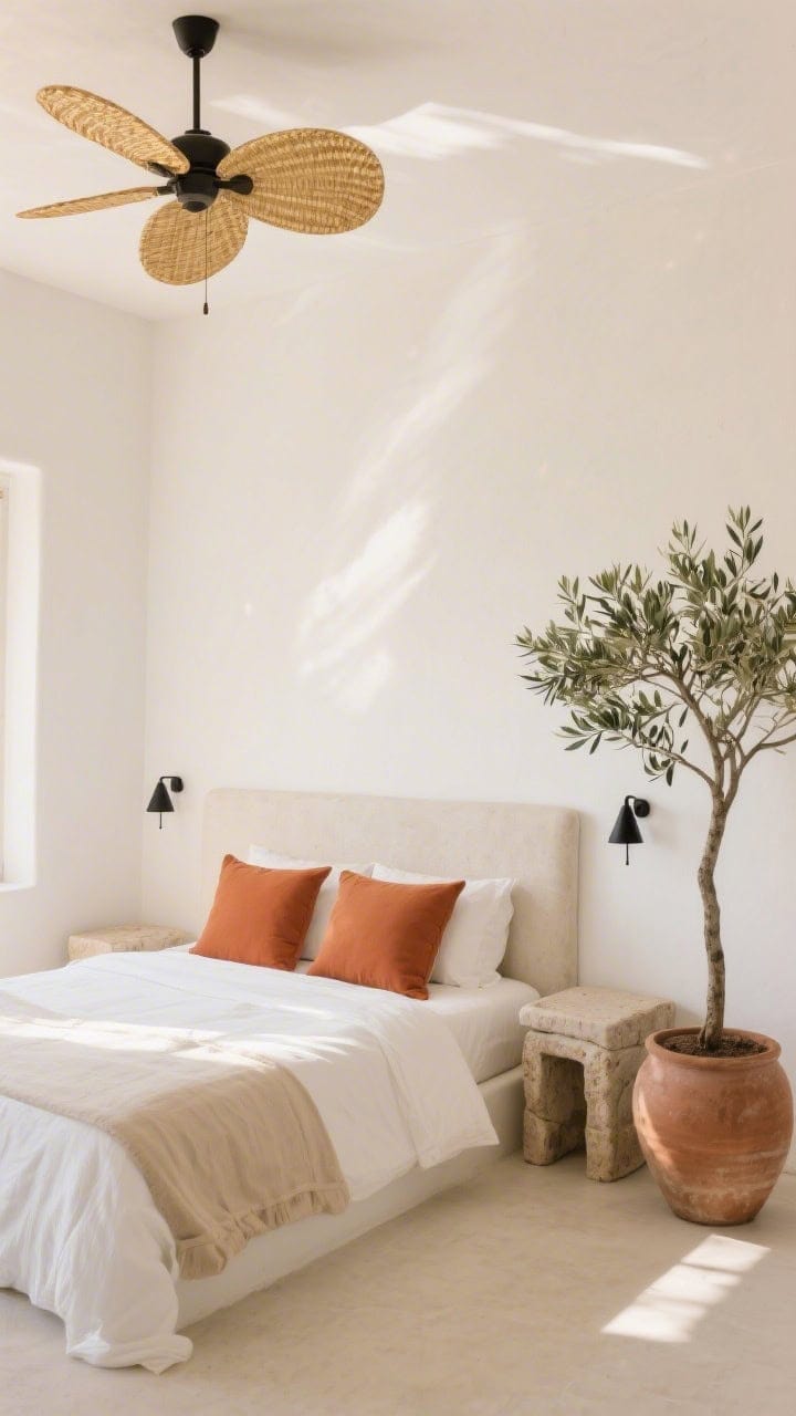 Medium shot, photorealistic “Mediterranean Sun-Soaked Minimal”: warm white limewash walls, a low-profile plaster-look headboard, stoneware nightstands, crisp white cotton percale sheets with a thin sand-colored coverlet, terracotta pillows providing restrained color, a single olive tree in a sculptural pot, matte black hardware and simple cone sconces; soft golden daylight, woven ceiling fan visible above; palette warm white, sand, terracotta, olive; minimal, breezy villa vibe.