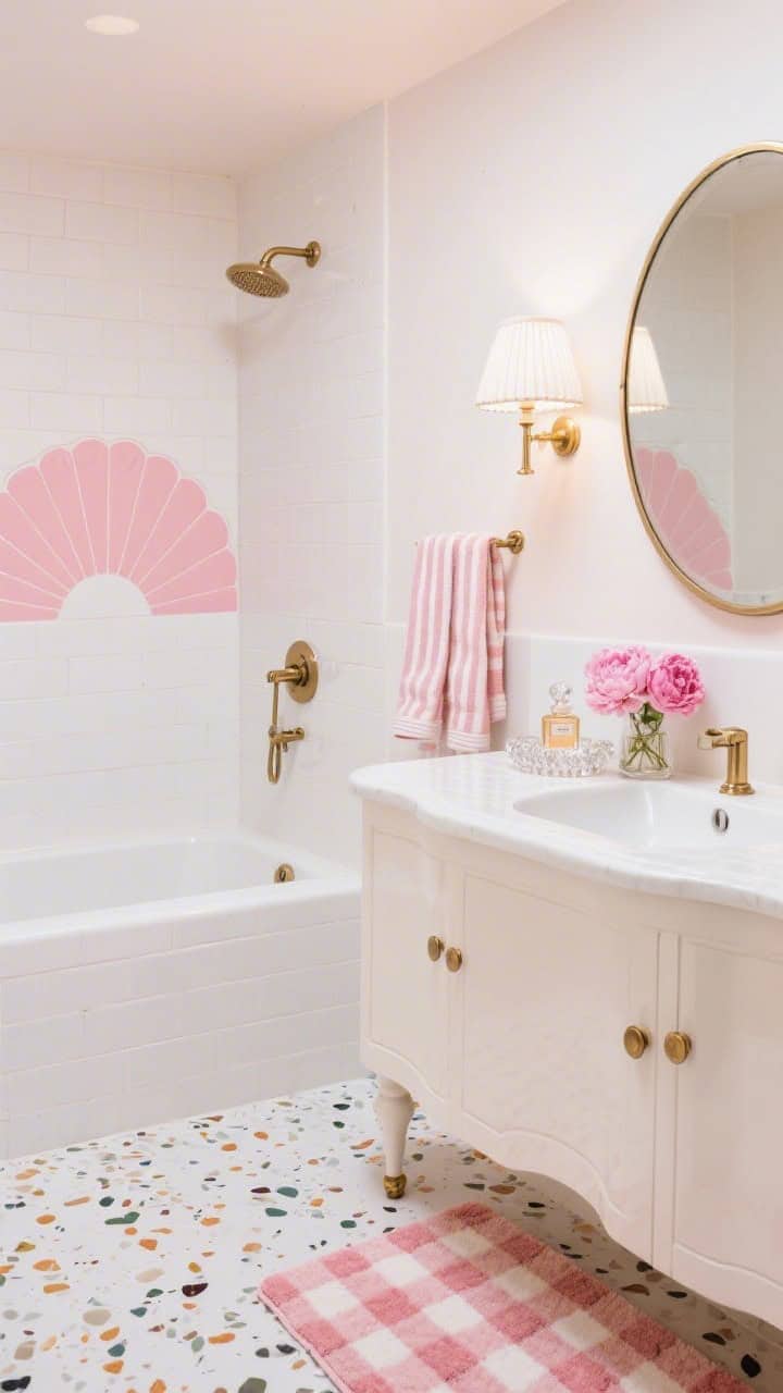 Medium shot: Retro glam shower area with blush pink scallop (fan) tiles and white grout making the pattern pop; white terrazzo floor with chunky multicolor chips; lacquered ivory vanity with rounded corners, champagne bronze hardware; pill-shaped mirror and a pleated shade sconce; striped towels, crystal knob tray, vintage perfume bottle, pink peonies, checkered bath mat; bright cheerful lighting; photorealistic.