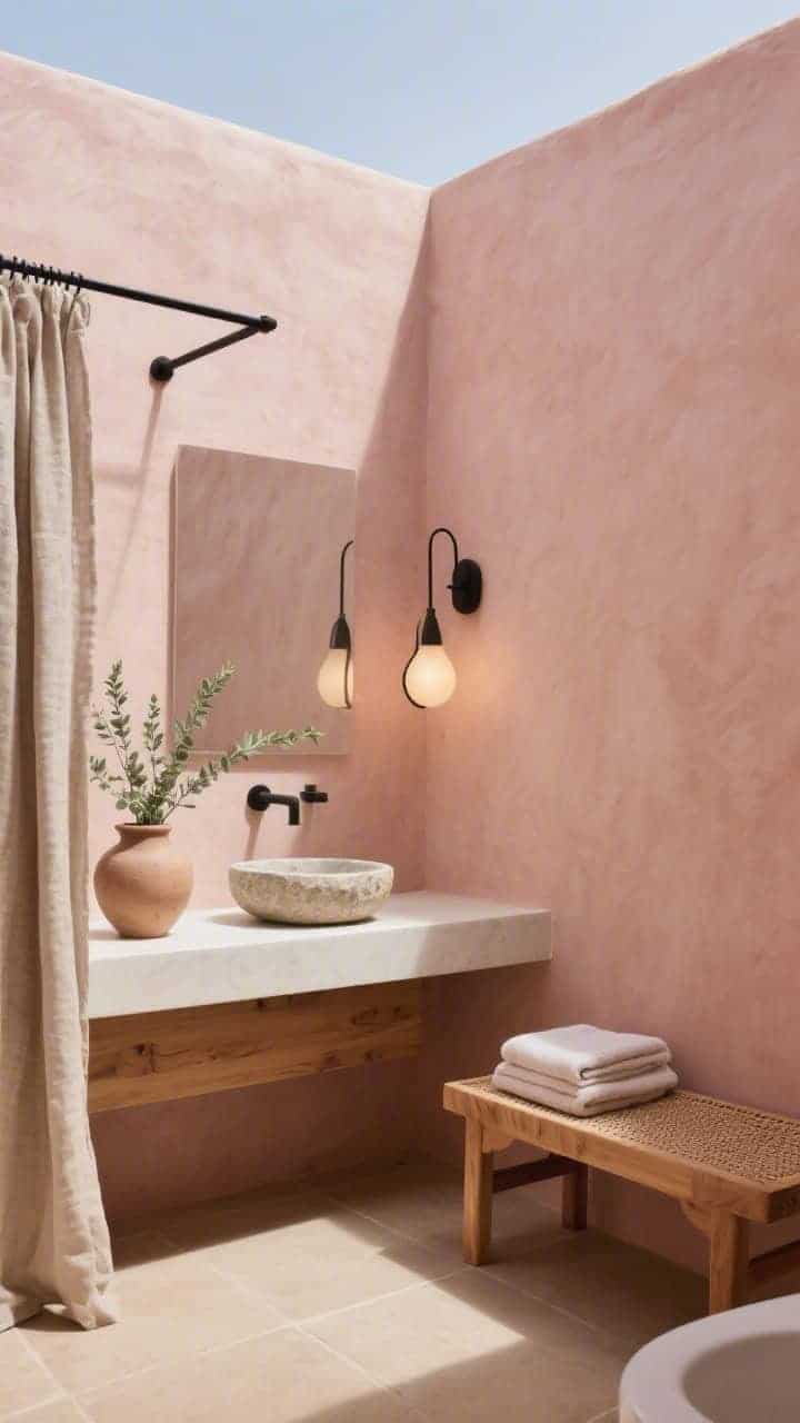 Medium shot, serene corner view: Sunwashed desert spa bathroom with clay-pink walls, a floating white oak vanity supporting a simple stone vessel sink, matte sand floor tile, sage sprigs in an unglazed pottery vase, a woven bench holding folded towels, linen shower curtain hanging softly, matte black fixtures, and a sculptural sconce casting warm, diffused light; textures of linen, oak, stone, and pottery emphasized; calm, earthy mood.