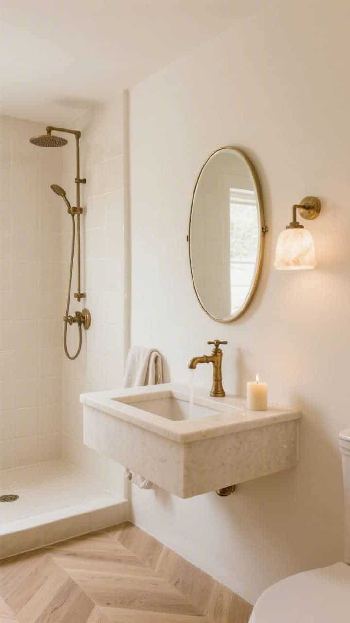 Medium shot: Soft minimal bathroom glowing with creams and warm whites; square cream tiles with matching grout in the shower; a cream stone vanity top beneath a pill-shaped mirror with a thin brass frame; aged brass faucet and hardware with gentle patina; a petite alabaster sconce casts warm 2700K diffused light; light oak herringbone flooring; decor limited to a single candle and folded linen hand towel; tranquil, photorealistic.