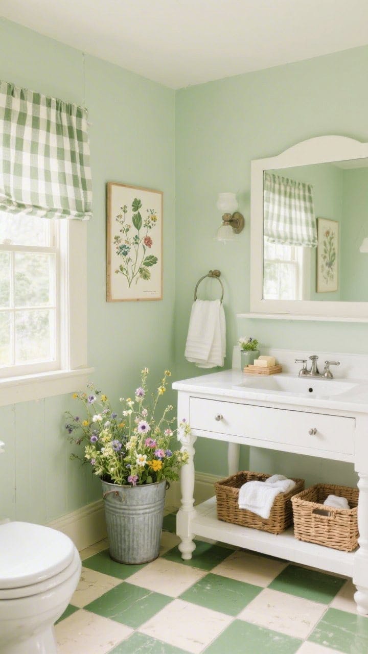 Medium shot, straight-on vignette: Fresh garden-core bathroom scene with soft pistachio walls, a white farmhouse-style vanity, checkered green-and-cream floor tile, a galvanized bucket overflowing with wildflowers on the vanity, botanical prints hung above, striped cafe curtains filtering gentle morning light, and wicker baskets organizing soaps and washcloths; friendly, nostalgic, bright mood; patterns checks, florals, stripes.