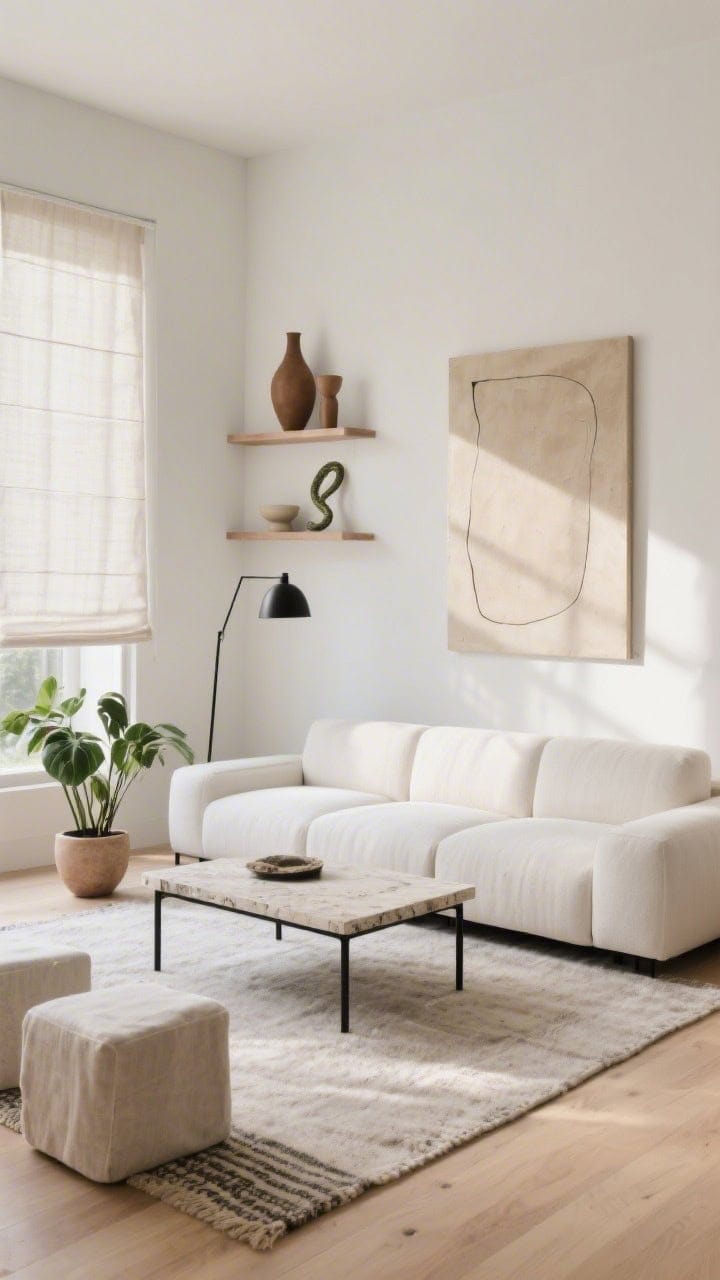 Medium shot, Sun-Drenched Minimal Modern: a low-profile ivory modular sofa beside a thin black metal coffee table topped with honed travertine on a flatweave wool rug. Wall-mounted shelves with sculptural vases and a single large abstract canvas in sandy tones. Warm white, pale stone, and light oak palette with a whisper of umber. Slender black floor lamp, linen ottoman cubes, minimal planters with a snake plant. Unlined linen roman shades filtering bright daylight, gallery-calm ambiance, straight-on composition, photorealistic.