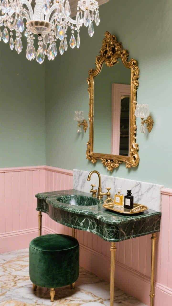 Medium, slightly angled shot of a Belle Époque glam vanity wall: a large ornate gilt mirror above a dark green marble vanity with swan-neck taps; crystal chandelier overhead casting prismatic light; pale pink paneling on the lower walls with marble above; a velvet stool tucked near the vanity and a vintage brass tray displaying perfume bottles; photorealistic, romantic maximalism.