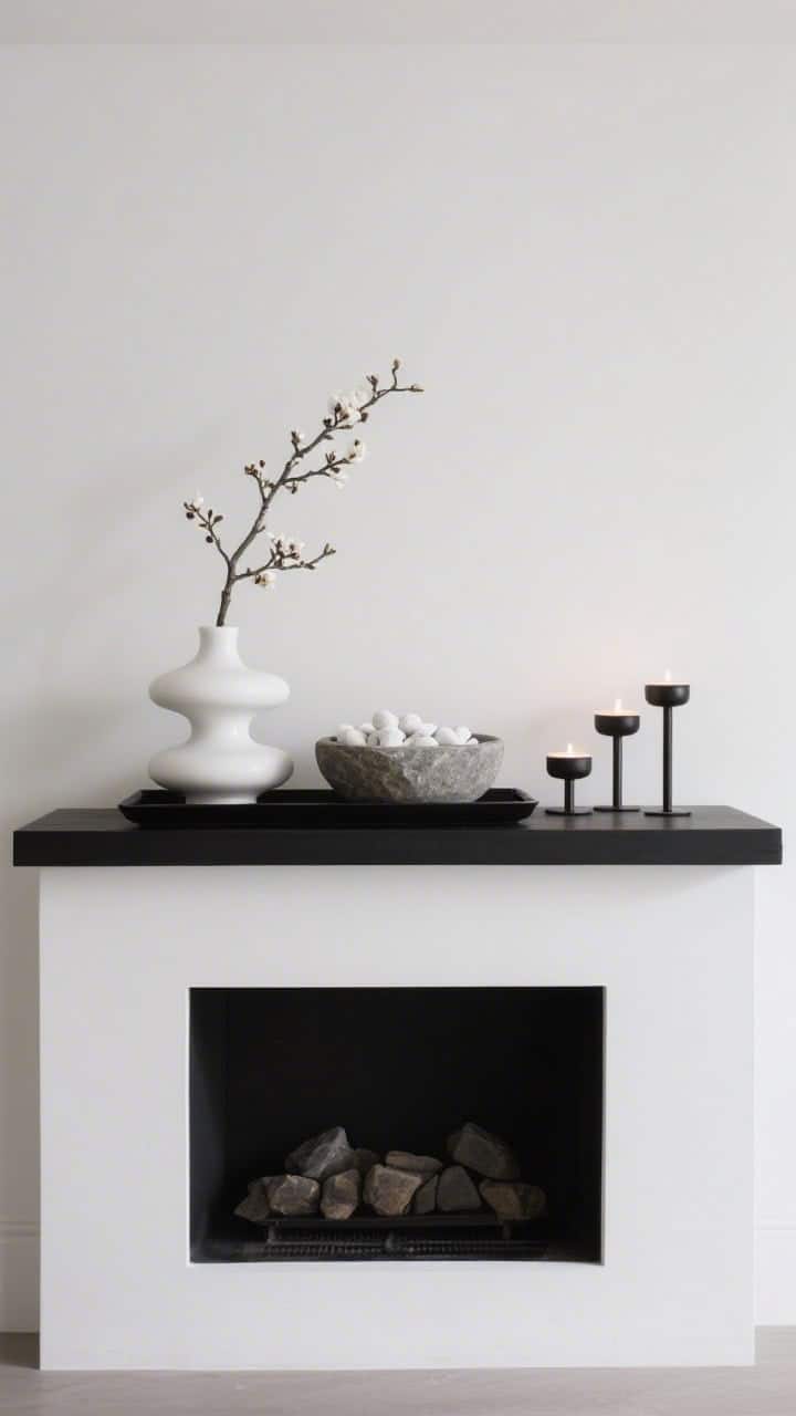 Medium, straight-on modern mantel: a rectangular black metal tray holding a sculptural white ceramic vase with a single branch of dogwood blooms, a low stone bowl filled with white pebbles, and a slim tea light trio in matte black holders; strict palette of black, white, and soft stone; crisp, curated, minimal with soft ambient light.