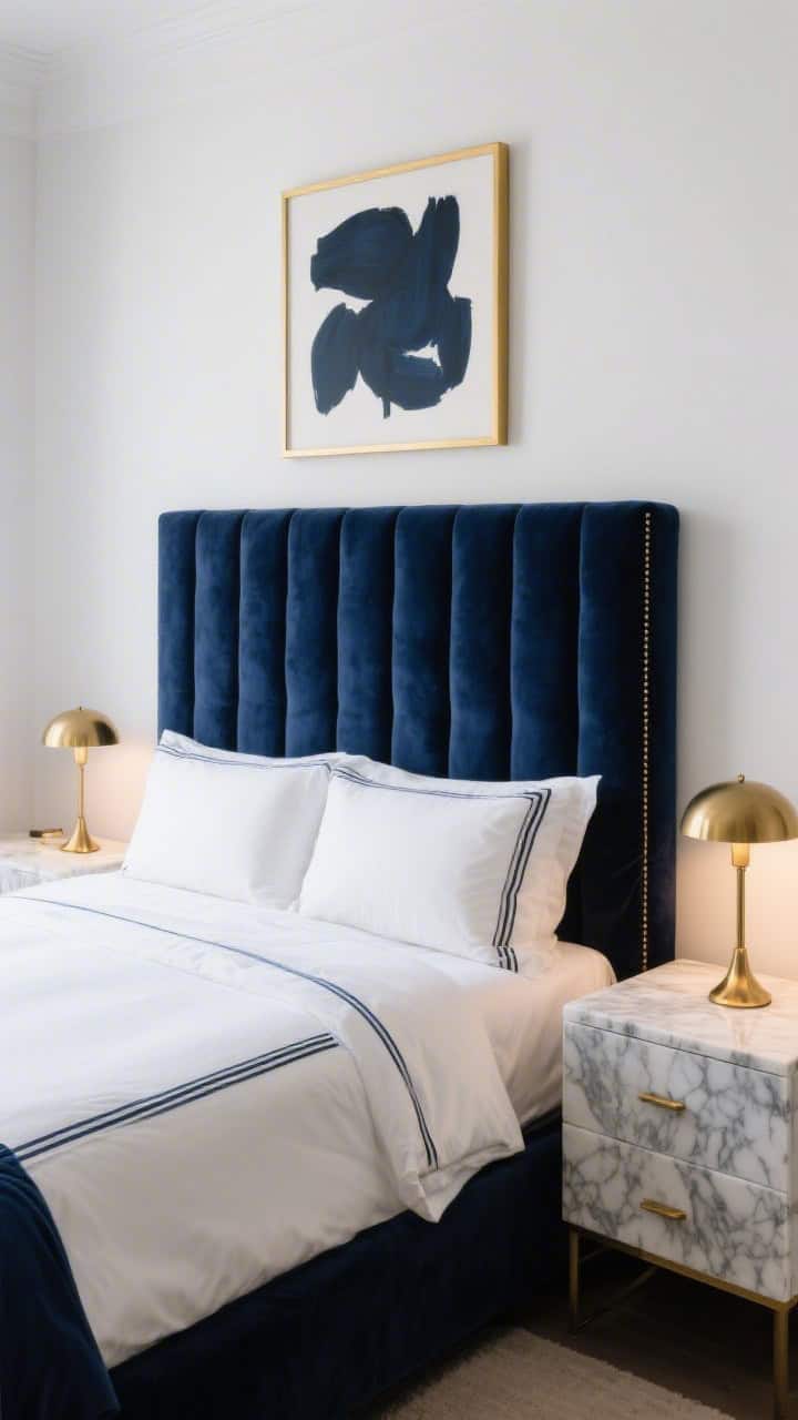Medium, straight-on shot focusing on a tall channel-tufted headboard in inky navy velvet with a thin gilded surround like a picture frame; crisp white bedding with navy borders; marble-topped nightstands on each side, petite brass mushroom lamps emitting a warm glow; a small moody abstract artwork hung over one nightstand; tactile contrast of velvet, linen, and polished marble; palette of navy, white, gold, marble.