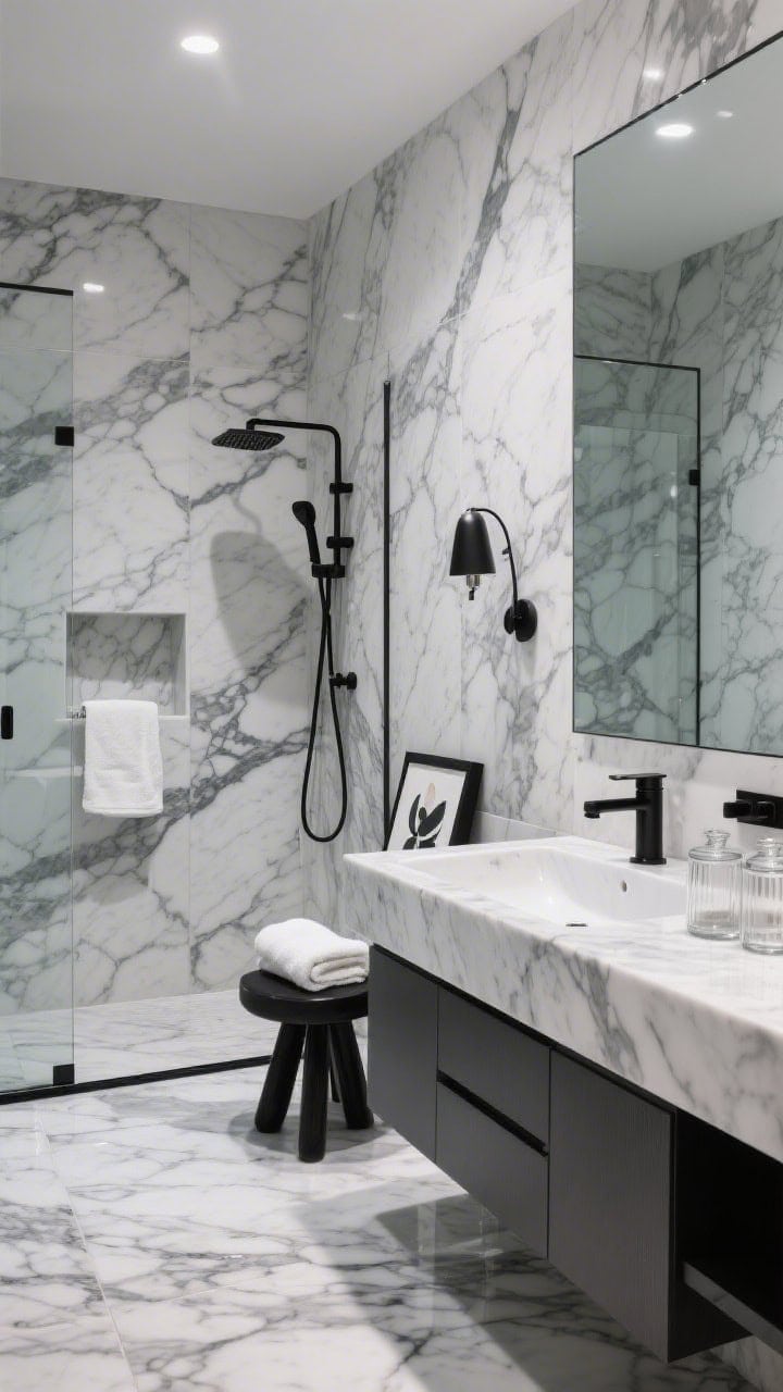 Medium, straight-on view: A luxury monochrome marble bathroom clad floor-to-ceiling in large-format marble-look porcelain with bold charcoal gray veining, including seamless shower niche; low-profile integrated marble sink, matte black wall-mounted faucet, frameless glass shower; sculptural sconce and plush white towels; black stool, abstract art print, glass canisters; polished stone reflections, crisp hotel-like lighting; photorealistic.