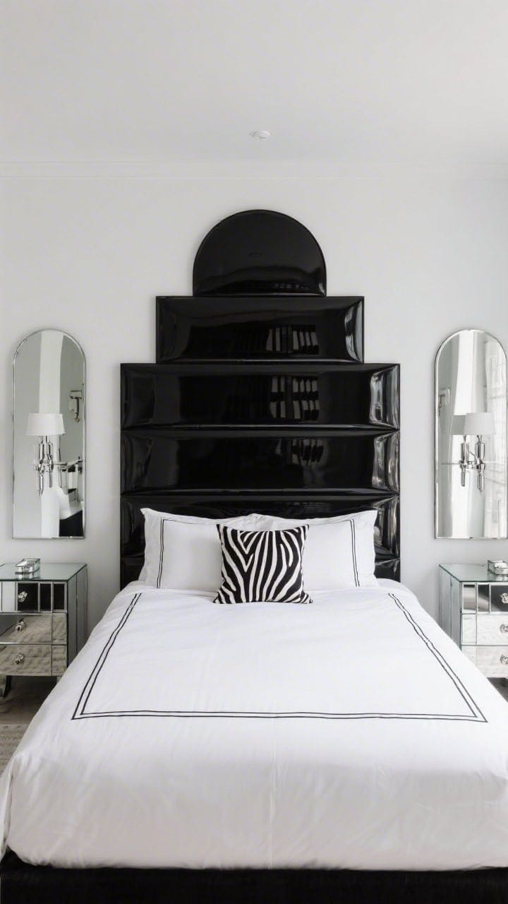 Medium, symmetrical front view of a bedroom showcasing a glossy black lacquer headboard formed into stepped Art Deco arches, high-contrast lighting to catch piano-key reflections; flanked by smoked-mirror nightstands mirroring the arches; bed dressed in a crisp white percale duvet with black piping; chrome swing-arm sconces on both sides; subtle addition of a zebra-print lumbar pillow centered on the bed; palette of black, white, chrome; lacquer, mirror, and crisp cotton textures.