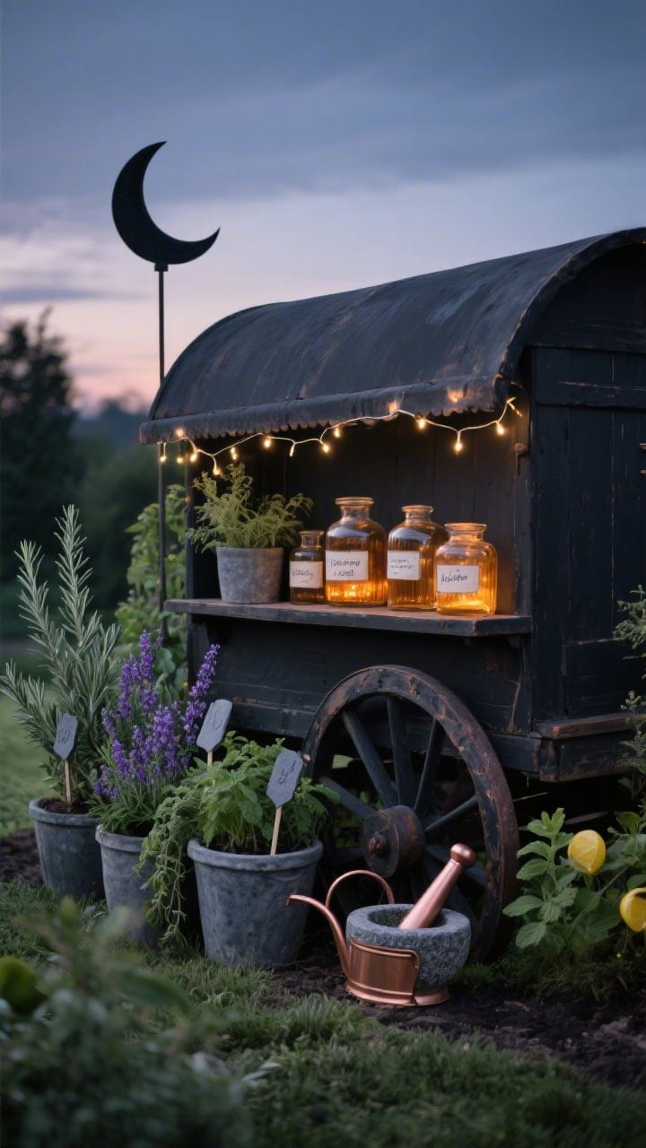 Medium twilight shot in the garden: a deep charcoal–washed wagon tucked among herbs—rosemary, sage, thyme, lavender, and lemon balm—each in planters with slate plant markers. Delicate fairy lights glow under the wagon’s lip, and amber apothecary jars with handwritten labels cluster on a shelf. A small copper watering can and stone mortar and pestle complete the scene. A crescent moon stake rises behind the wagon, silhouetted against the dusk sky. Palette of charcoal, silvery green, soft violet, and warm amber; materials include copper, glass, slate. Soft, moody lighting with twinkle highlights; angled three-quarter view.