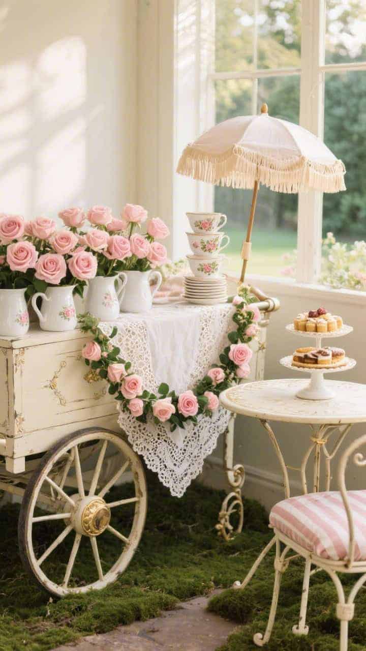 Medium vignette beside a garden seating nook in soft morning light: an antique cream–painted wagon lined with an eyelet lace runner, overflowing with pale pink roses in white enamel pitchers, and a stack of vintage floral teacups. A bistro chair and round cafe table with a soft striped cushion sit adjacent. A rose garland is draped along the handle; a cake stand topped with faux pastries adds patisserie charm. Palette of cream, blush, soft moss, and gold accents; materials enamelware, lace, wrought iron. Finishing touch: a tiny fringed parasol clipped to the wagon side. Photorealistic, straight-on at eye level.