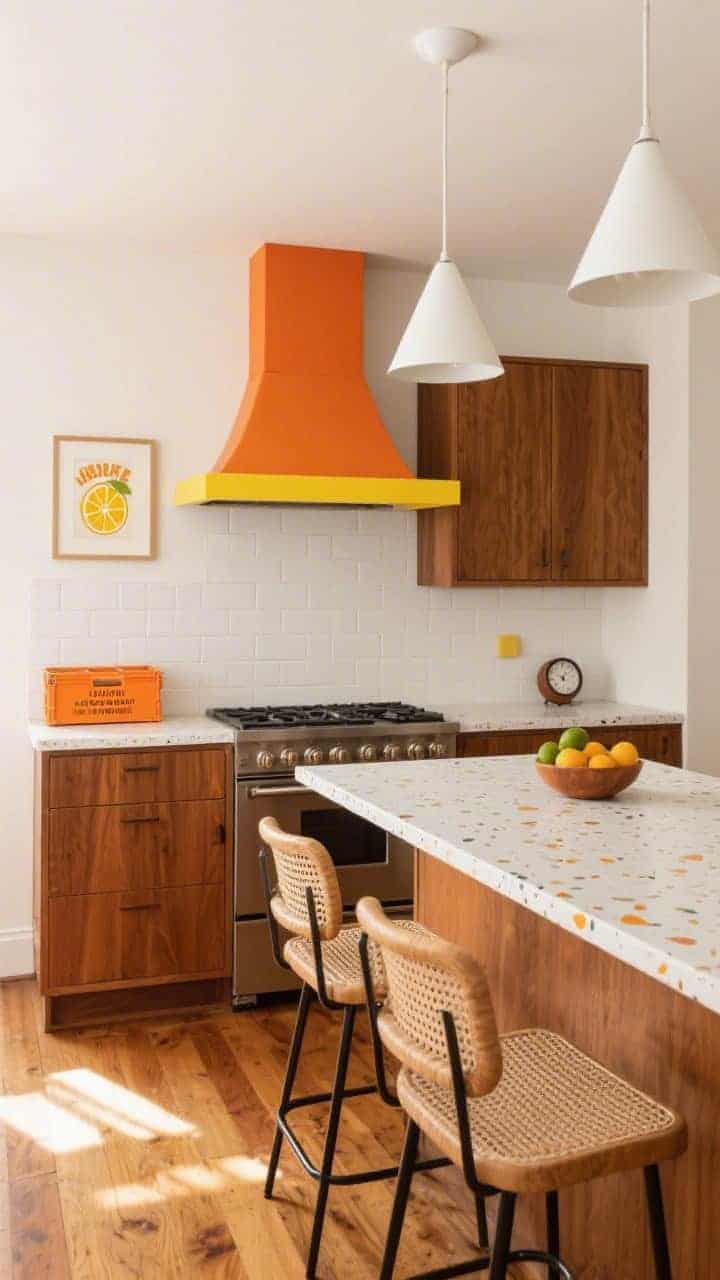 Medium-wide corner angle of a mid-century citrus pop kitchen: flat-front walnut cabinets, glossy tangerine range hood as focal point, a single lemon-yellow accent shelf; white terrazzo countertops with tiny citrus-colored flecks; honey oak plank flooring; white zellige tile backsplash; matte white cone-shaped pendants; low-back bar stools with woven cane seats; minimal accessories—a framed vintage orange crate label, a citrus bowl, and a small retro timer; warm, sunlit ambiance, photorealistic