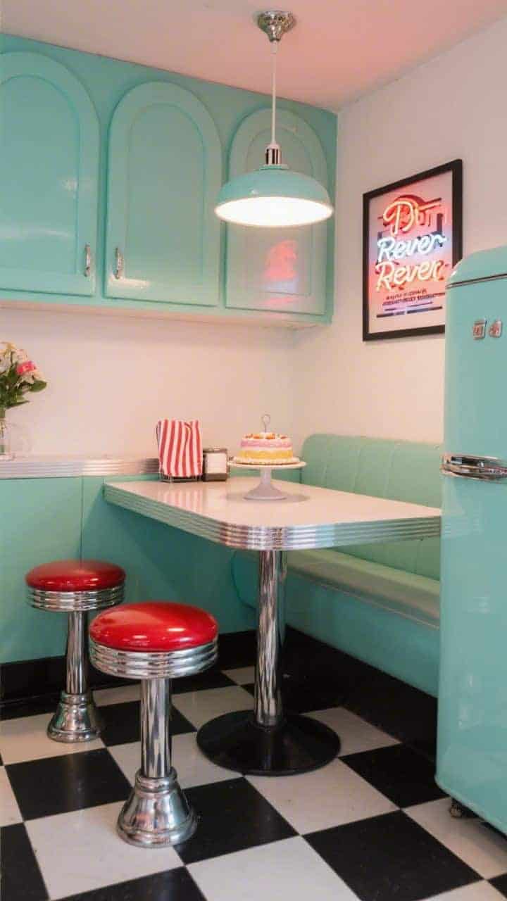 Medium-wide corner angle of a Retro-Diner Revival: checkerboard black-and-white floor tiles, cherry-red vinyl barstools at a chrome pedestal table, schoolhouse pendant above, mint-green cabinet doors with curved edges, a rounded retro-style fridge, framed neon-style signage on the wall, cake stand on display, striped hand towels; glossy finishes with soft ambient glow.