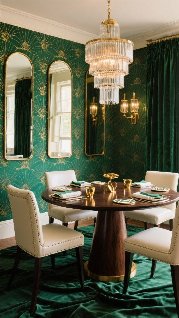 Medium-wide dining room captured from a corner angle: deep emerald fan-motif wallpaper outlined in matte gold, interrupted by slim antique mirror panels that reflect soft light; round dark walnut pedestal table with ivory leather dining chairs; tiered glass chandelier overhead; ribbed glass sconces flanking the mirror sections; velvet emerald drapes puddling on the floor; brass napkin rings and geometric coasters; palette emerald, ivory, walnut, soft gold; warm, Gatsby-era atmosphere.