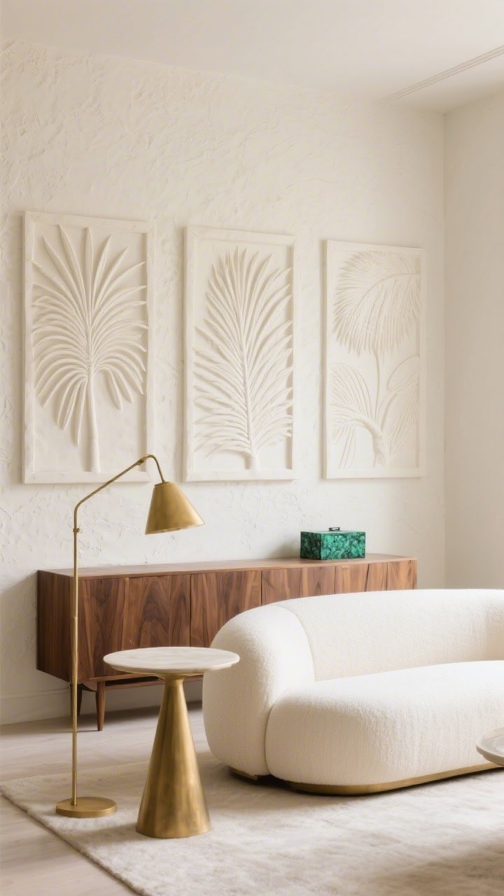 Medium-wide living room with texture emphasis, straight-on: cream Venetian plaster feature wall with three large relief panels of stylized palm fronds and rays, softly shadow-washed; rounded linen sofa in warm white; brushed brass pedestal table; smoked oak sideboards; pale gold floor lamp angled to graze the relief; single malachite box accent; palette cream, pale gold, smoked oak; airy, sculptural calm.