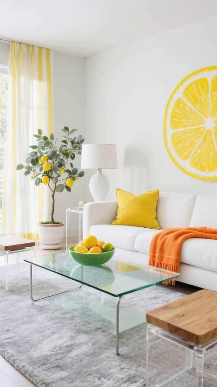 Medium-wide shot, Citrus-Fresh Contemporary: off-white sofa with lemon-yellow pillows, a tangerine throw, and a lime-trimmed lumbar cushion; glass-top coffee table with thin chrome base centered on a soft gray rug. White oak side tables, clear acrylic console keeping sightlines open. Bold graphic print on the wall unifying citrus hues. Citrus bowl centerpiece on the table, striped sheer curtains diffusing bright daylight. Sculptural white table lamp with a drum shade, vase of eucalyptus and a potted lemon tree. Clean, vibrant, photorealistic, straight-on angle.