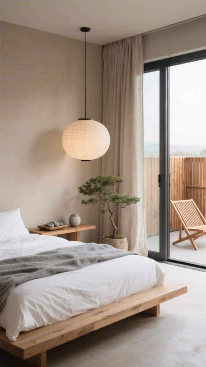 Minimal detail closeup, angled from bedside: low oak platform bed with crisp white bedding and a stone-gray throw, warm greige wall behind, soft glow from a single oversized rice-paper pendant. On the balcony through sliding door: glimpse of teak lounge chair, slatted cedar privacy screen, simple zen planter with Japanese maple. Inside accents: linen panel curtain edge, smooth river-stone tray on a floating wood shelf with two simple ceramics. Natural morning light, negative space, Japandi serenity.