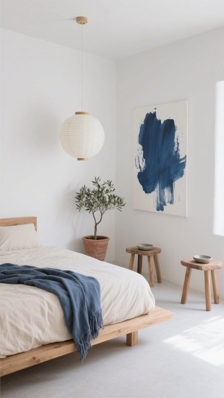 Minimal Japandi corner, medium shot: low natural wood platform bed without headboard, creamy linen bedding with a slate-blue linen throw; paper lantern pendant floating above; slim oak stools as nightstands with tiny stoneware trays; a single inky-blue brushstroke canvas on white wall; a dwarf olive tree in a clay pot; restrained, sea-spray calm with soft daylight.