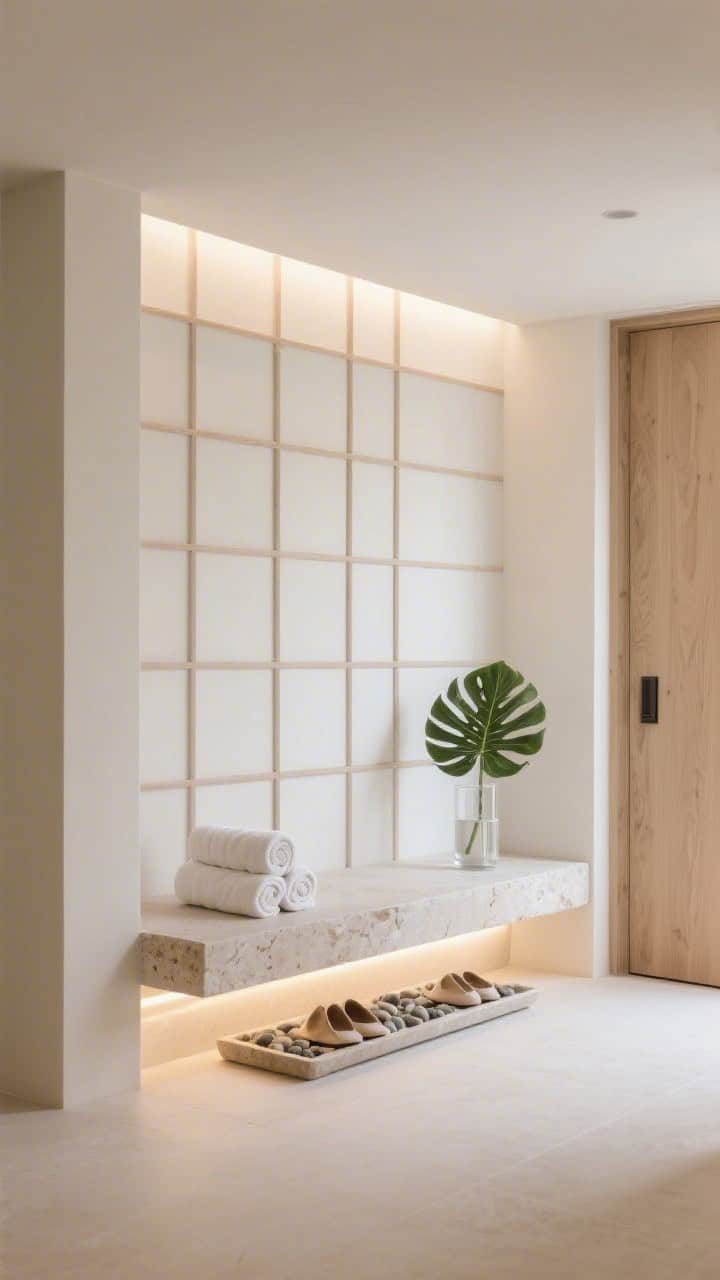 Minimal spa-inspired entryway with oak grid wall and limestone bench.