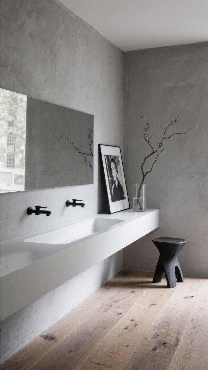 Minimalist atelier medium shot: seamless microcement walls and integrated vanity, long white trough basin with wall-mounted matte black taps, strict palette of stone gray, white, matte black, a single oversized black-and-white photograph leaning or hung above the vanity, floor in wide-plank oak (or porcelain wood-look) with subtle grain, a sculptural stool nearby and a single branch in a clear cylinder vase; gallery-calm lighting, crisp shadows, photorealistic.