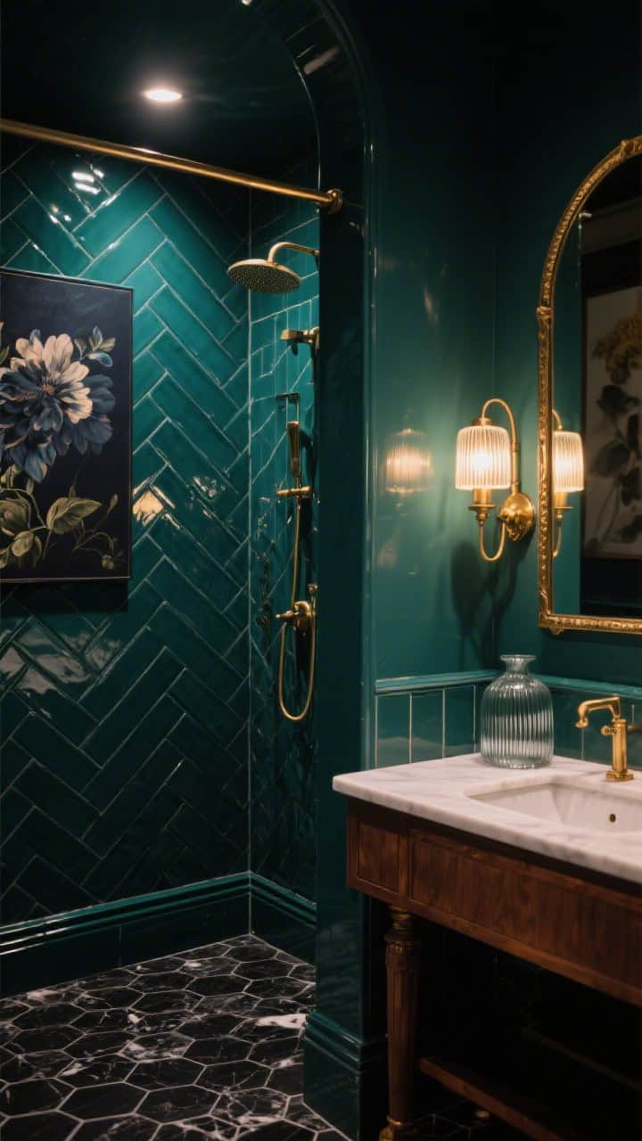 Moody closeup detail: Deep peacock green glossy subway tiles in a herringbone pattern inside the shower, reflections glowing under warm sconces; transition to a black marble hex floor; edge of a petite walnut vanity; antique brass arch-top mirror and brass sconce partially visible; dark floral art and ribbed glass accessories softly blurred in background; evening, low ambient lighting for jewel-box mood; photorealistic.