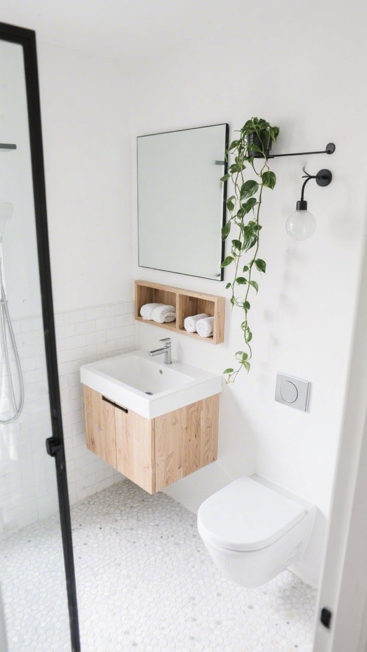 Overhead/angled detail: Scandinavian white and birch vignette showing small-scale white mosaic floor transitioning to matte white walls; birch plywood vanity with finger-pull doors; soft black framed shower glass edge and a slim black-edged mirror; built-in birch cubbies with neatly rolled towels; a trailing pothos draping slightly into frame; wall-hung toilet and minimal hook rail with a frosted globe sconce casting diffuse light; bright, friendly feel; no people, photorealistic.