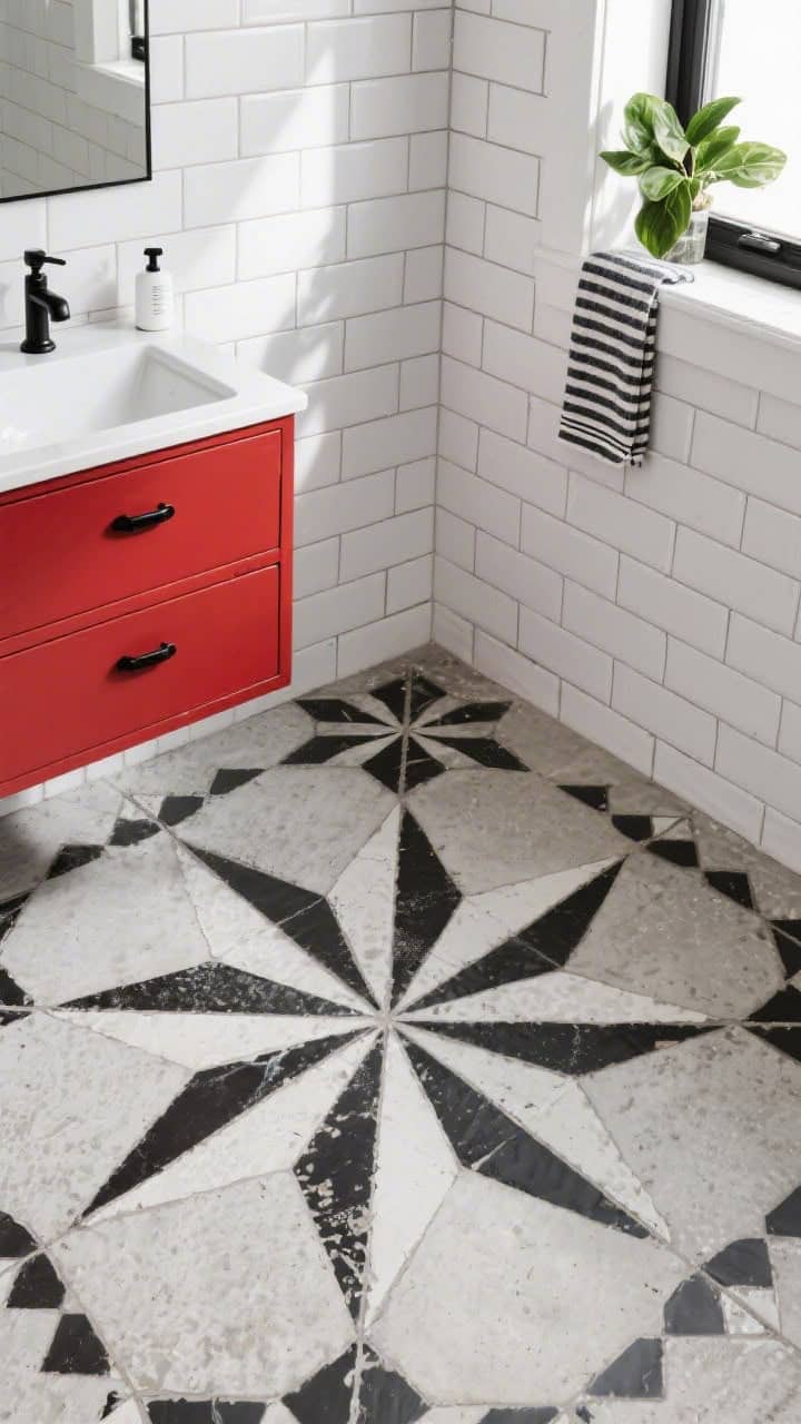 Overhead detail shot: Graphic black-and-white encaustic-look cement floor tiles with a bold triangle/radial star pattern; matte white subway tiles on the wall laid in a clean vertical stack visible at the edge; the corner of a fire-engine red vanity with matte black hardware; a striped hand towel and minimal soap pump nearby; a leafy green plant on the windowsill casting soft shadows; bright even lighting; photorealistic.