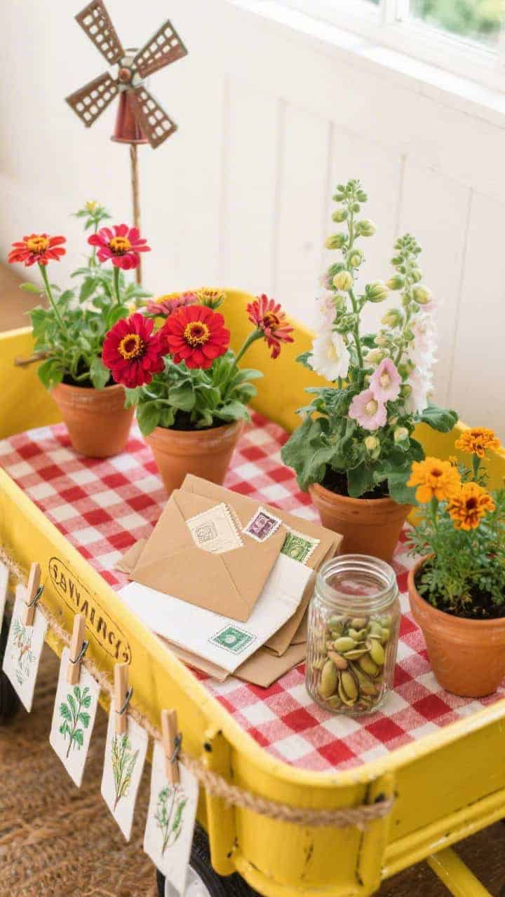 Overhead detail shot of a cheerful display: a butter yellow wagon lined with red-and-white gingham napkins under pots of heirloom zinnias, foxgloves, hollyhocks, and marigolds. A tiny seed-saving station features kraft-paper envelopes, stamps, and a glass jar of collected pods. A twine line along the wagon edge holds hand-drawn plant sketches clipped with vintage clothespins. Palette of butter yellow, cherry red, leaf green, and white; materials include enamel tin signs, kraft paper, clothespins. Finishing touch: a windmill-style garden stake just visible at the top edge. Bright natural light, crisp detail.