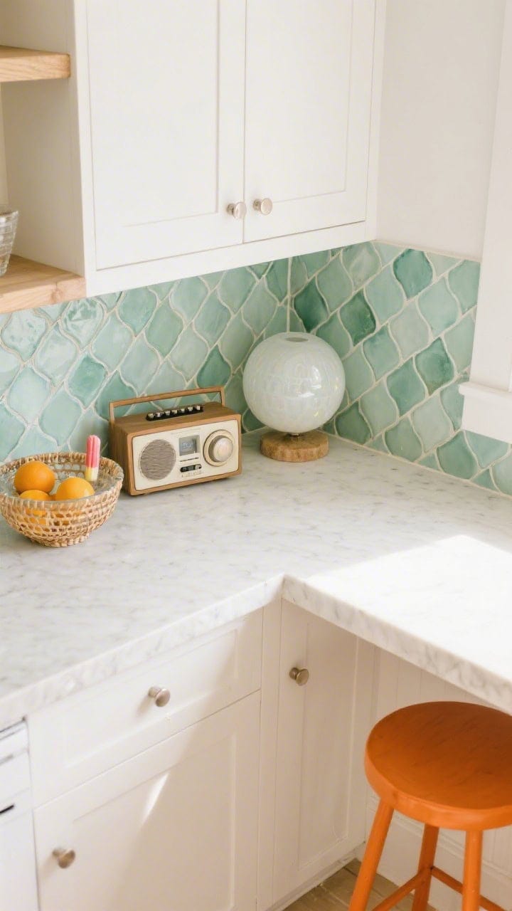 Overhead detail shot of a coastal creamsicle cool styling moment: creamy-white cabinet corner with sand-hued matte quartz counter; sea-glass green tile (fish-scale or mini-rectangle) creating gentle movement; edge of a beachy white oak shelf with a retro radio and a glass bowl of citrus; hint of popsicle-orange from bar stool seats peeking into frame; soft coastal daylight; textures of rattan/milk-glass globe glow subtly out of frame; airy, breezy mood, photorealistic
