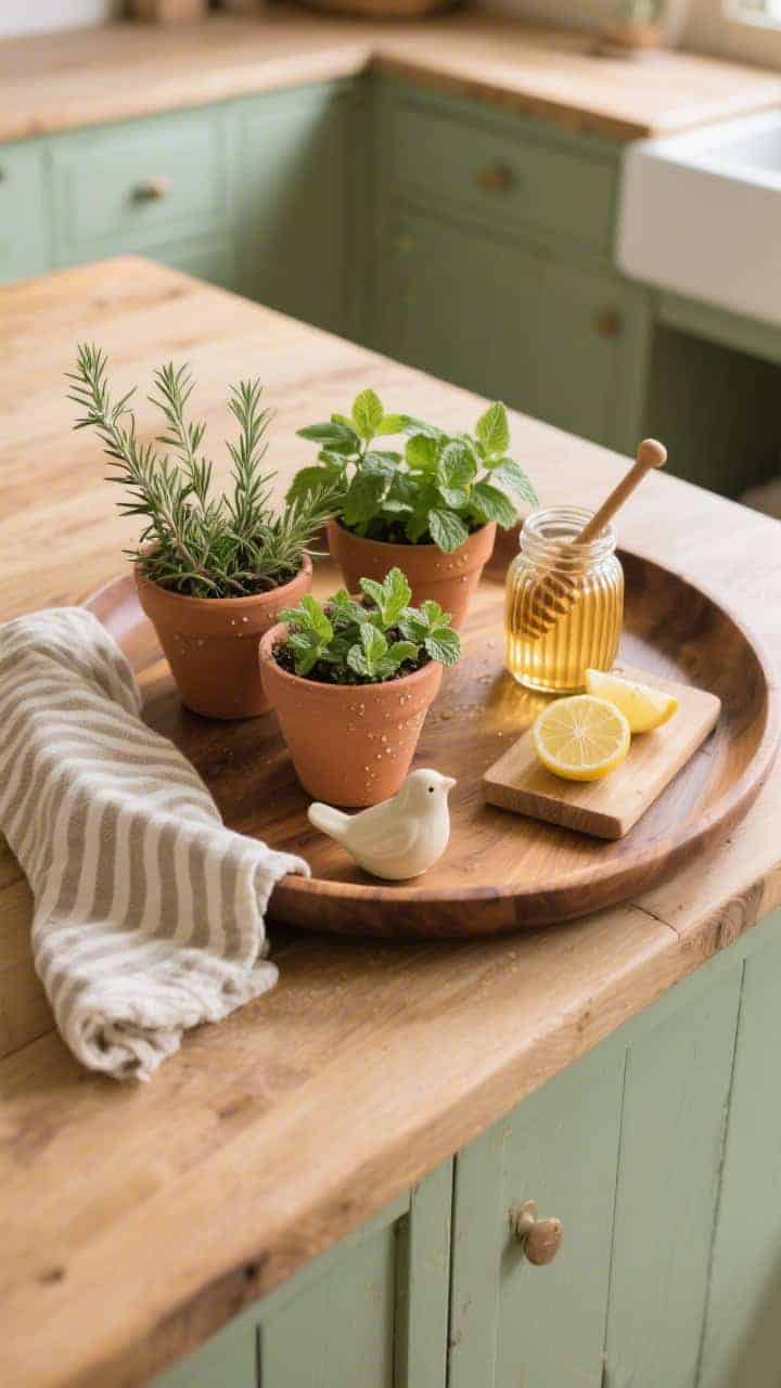 Overhead detail shot of a cottage kitchen island with a round mango wood tray (low edges) holding three terra-cotta pots of herbs—rosemary, thyme, mint—with dewy fresh leaves; a striped flax linen towel draped casually over the tray edge; a ribbed glass honey jar with wooden dipper catching a glint of light; a mini cutting board with lemon slices; and a tiny creamy ceramic bird. Warm wood, sage green, flax, and honey gold palette; materials terra-cotta, glass, linen, mango wood. Airy, farm-to-table mood in soft morning light.