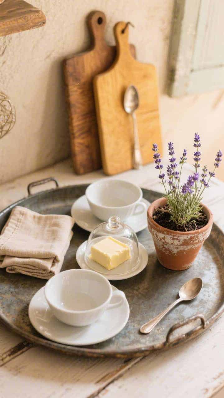 Overhead detail shot of a French farmhouse breakfast nook tray: a round antiqued metal tray arranged with white café bowls, oatmeal-beige linen napkins, a mini cloche covering a butter dish, and a lavender plant in a weathered terracotta pot; background elements include a honey-toned cutting board set behind and a vintage silver spoon laid casually; warm morning light, soft and lived-in.