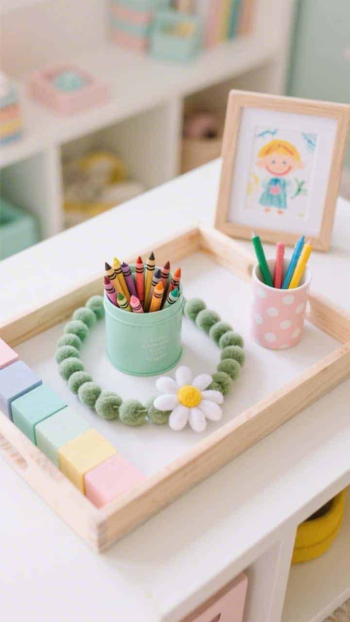 Overhead detail shot of a pastel playroom tray: a light birch tray arranged with stackable pastel blocks, a mint green tin filled with crayons, a felt daisy garland coiled around the tray edges, a polka-dot cup holding markers, and a small frame displaying a child’s artwork; cheerful color palette under soft, even daylight; neat and playful.