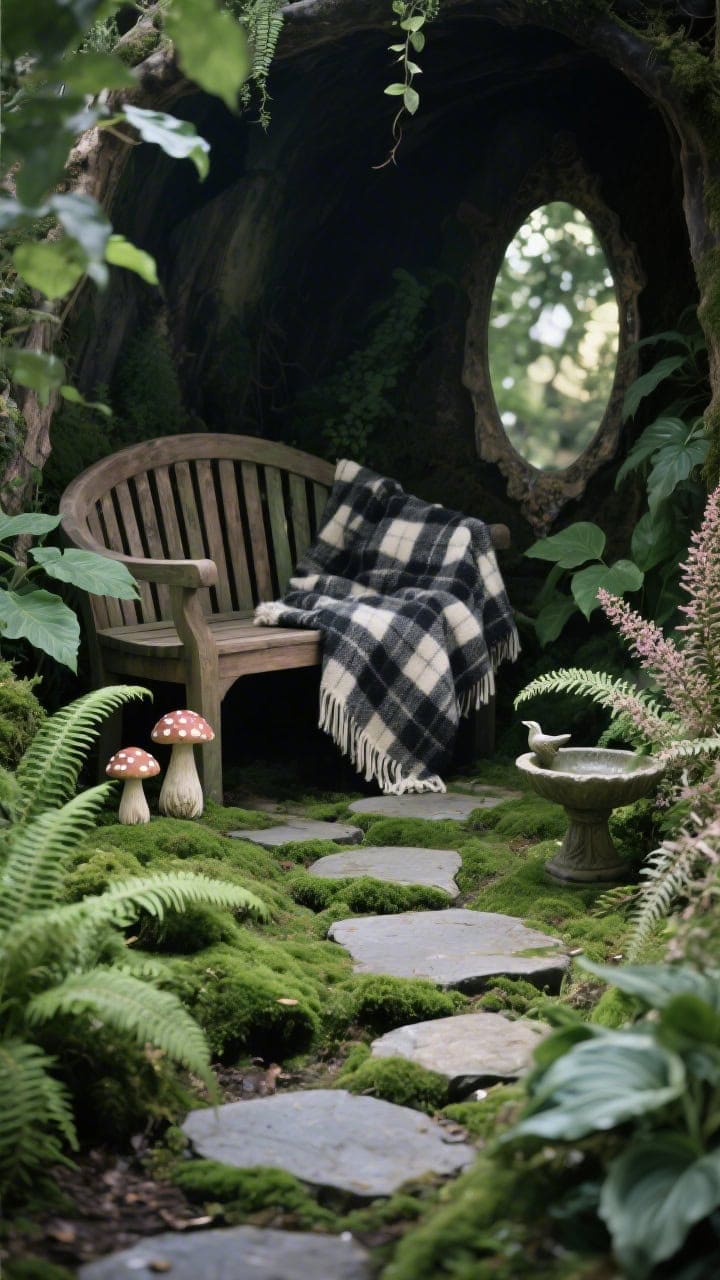 Photorealistic closeup detail of a fairy-tale shade pocket: mossy stepping stones with emerald-green ferns, hostas, and astilbe crowding the edges. A curved wooden bench with a slatted back sits beyond, draped with a charcoal and cream plaid wool throw. Tiny mushroom statues peek between heuchera leaves; a small birdbath and weathered garden mirror reflect dappled shade. Moody tones of emerald, charcoal, and cream.