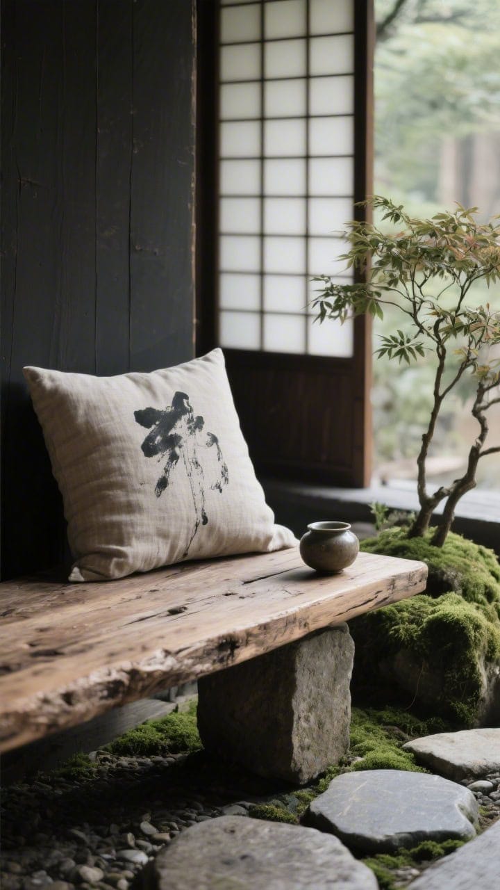 Photorealistic closeup detail of textures: a raw, unsealed wood bench surface with visible grain and weathering. A minimalist linen seat pad in undyed flax and a single ink-brushed pillow with painterly strokes. Grounded by flat river stones and a mossy planter edge; a glimpse of dwarf maple foliage. Softly diffused light through a shoji-inspired screen in the background. A low stone block holds a ceramic tea set. Quiet palette of charcoal, clay, and lichen green; serene wabi-sabi mood.